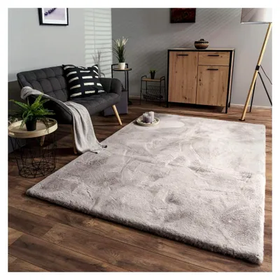 Produktbild von Hochflor Teppich für das Wohnzimmer aus weichem Kaninchenfell-Imitat, Farbe: Grau, Größe: 80x150 cm