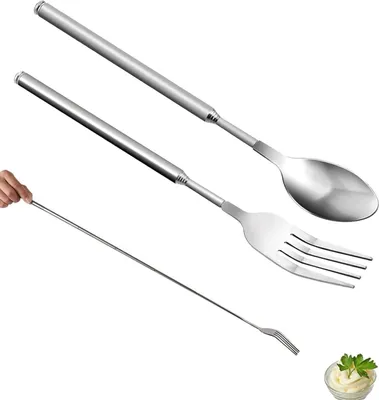 Produktbild von 2 Stück Teleskopgabel Set - Edelstahl Teleskop Gabel und Löffel, praktisch und kompakt für Picknicks und BBQ