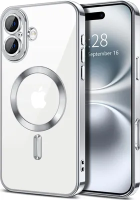 Immagine prodotto di Custodia magnetica trasparente per iPhone 16, compatibile con MagSafe, custodia protettiva galvanica con protezione della fotocamera Argento