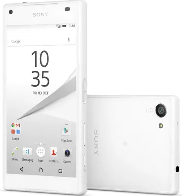 A white Sony Xperia Z5 compact smartphone is shown from the front and back.