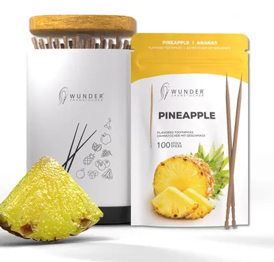 Produktbild von Wunder Zahnstocher - 1x Ananas Refill Wunderzahnstocher mit Geschmack 100 Stück  + 1 x Zahnstocherspender für deinen Lifestyle
