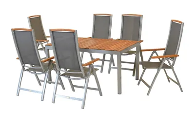 Produktbild von Merxx Gartenmöbel Set Siena 7tlg., 6 Klappsessel, Tisch 150 x 90 cm, silber/grau - Aluminium/Textil/Akazie