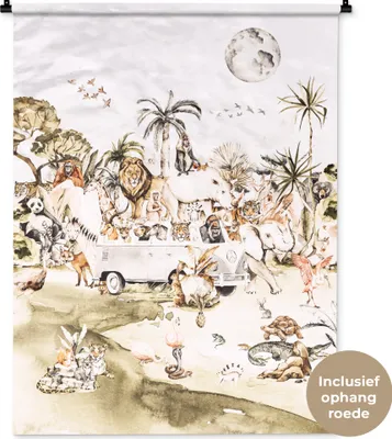 Produktbild von MuchoWow® Wandteppich Wandbehang Bus - Tiere - Kinder - Jungen - Mädchen - Palme 90x120 cm Tapisserie Dekoration Wandtuch - Wanddeko
