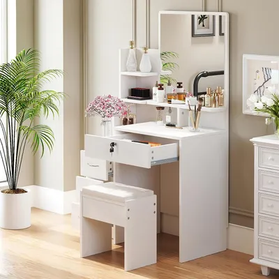 Image de Coiffeuse Dripex Blanc avec tabouret Miroir Coiffeuse, 4 tiroirs 144x40x87 cm