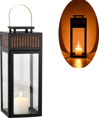 Produktbild von Marrakesch Skandinavische Deko Windlicht Laterne 41cm aus Metall & Holz | Teelichthalter als Tischdeko Wohnzimmer Deko | Kerzenhalter Cadoc schwarz als Balkon Terrasse & Garten Aesthetic Gartendeko