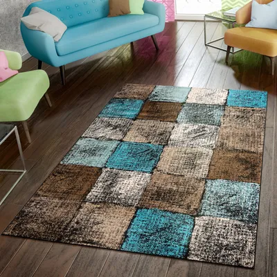 Produktbild von TT Home Wohnzimmer Teppich Kurzflor Karos Geometrisches Design Abstraktes Design Größe 80x150 cm