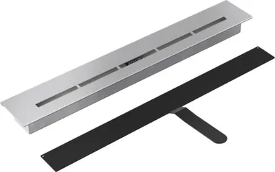 A silver bioethanol fireplace burner and a black metal plate are shown against a white background.