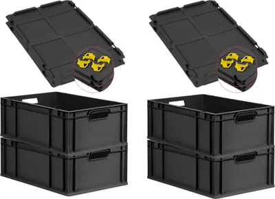 Produktbild von SuperSparSet 4x Eurobox NextGen Grip mit Auflagedeckel inkl. 4 gelben Schiebeschnappverschlüssen | HxBxT 22x40x60cm | 44 Liter | Schwarz | Griffe offen | Verstärkter Boden | Eurobehälter, Transportbox, Transportbehälter, Stapelbehälter