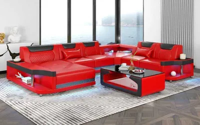 Image de Grand Canapé Ensemble De Salon LED XXL En Forme De U D’Angle En Cuir Rouge