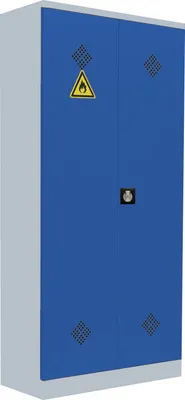 A blue and light gray cabinet with a hazard symbol.