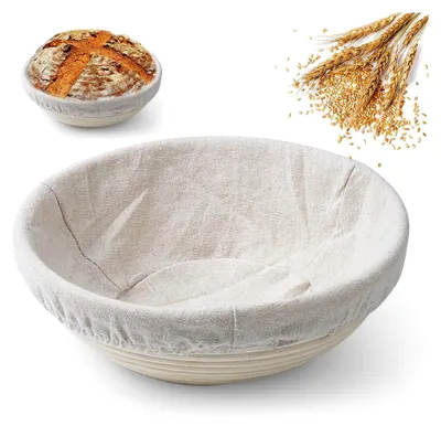 Produktbild von Rundes Gärkörbchen, 10 Zoll Gärkörbchen für Brot mit Leineneinsatz, Natürlicher Rattan Gärkorb, Brotkörbchen, Zubehör zum Brotbacken, für Backbegeisterte und Anfänger