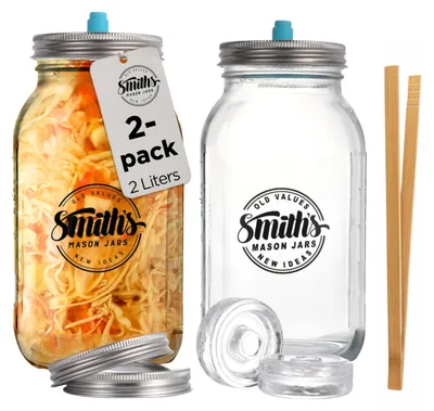 Produktbild von Gärtopf 2 l, 2 Stück, Klarglas, für Kimchi, mit Holzclip, Gewichten und 2 Deckeln