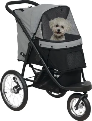 Produktbild von PawHut kočárek pro psy jogger kočárek pro psy skládací pro malé psy a kočky do 10 kg kočárek pro kočky se 3 velkými gumovými koly, polštářová síťovaná okna úložný koš kočka kočka s bezpečnostními vodítky, šedá barva