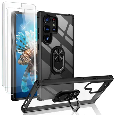 Obrázok produktu pre Priehľadné krúžkové puzdro pre Samsung Galaxy S23 Ultra, 2x ochranná fólia displeja, čierne