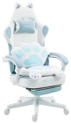 Produktbild von Gaming-Stuhl ergonomisch, Fußstütze, Stoff, verstellbar, Katzenpfoten-Design Blau-Weiß