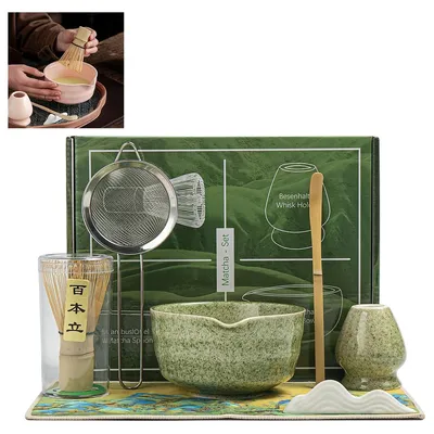 Produktbild von Matcha Teeschale Set,Japanisches Teezubehör mit Bambusbesen, Löffel, Chasenhalter und Sieb,Geschenkbox，Matcha-Grün
