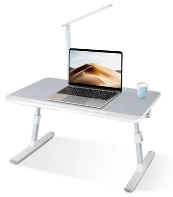 Produktbild von Laptop-Betttisch - Laptop-Tisch - Höhen- und Neigungsverstellbar - LED-Lampe - Schublade - Tablet-Schlitz - Holz - Grau