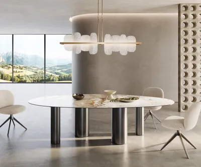 Produktbild von DELIFE Esstisch Edge Oval 280x130 Keramik Minas Melange Weiß-Beige Pilier Edelstahl Graphit