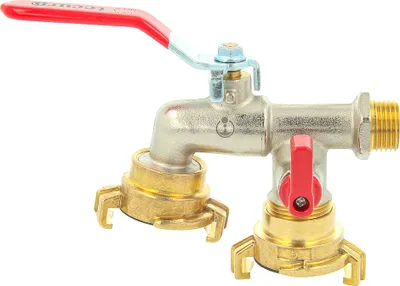 A product shot of a brass valve with red handles against a white background.
