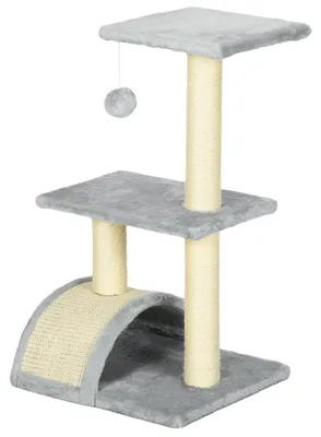 Zdjęcie produktu dla Drapak dla kota, wysokość 72 cm, z platformami wyściełanymi pluszem i obitą sizalem | Kolor: Szary | Wymiary: 35x40x72 cm