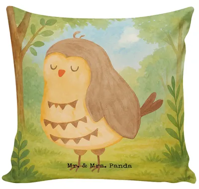 Produktbild von Mr. & Mrs. Panda Kissen 40x40 Eule Zufrieden Design - Weiß - Geschenk, Müde, Eulen Deko, für sofa, glücklich, Gemütliches, kuschelkissen, Sofakissen, Owl, Hochzeitstag