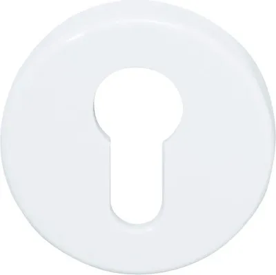 A white keyhole escutcheon plate with a glossy finish is shown against a white background.
