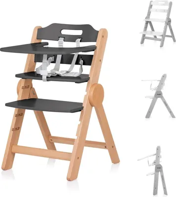 A collage of images showing a wooden high chair in different configurations and colors.