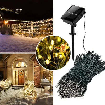 Collage of images showing solar string lights used for outdoor and indoor decoration, including a house exterior, a fence, and a close-up of the lights in grass.