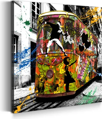 Produktbild von Bunte Straßenbahn Street Art Leinwandbild Wandbild Kunstdruck XL Wanddeko: 120x120x4cm