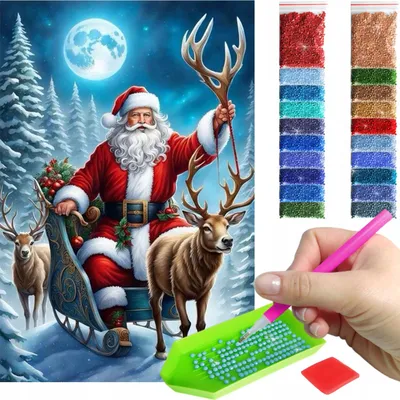 Zdjęcie produktu dla Haft diamentowy ARTULIO – Święty Mikołaj z reniferami w zimowej scenerii – 60 x 40 cm – Diamond painting, Kompletny zestaw: mozaika + akcesoria