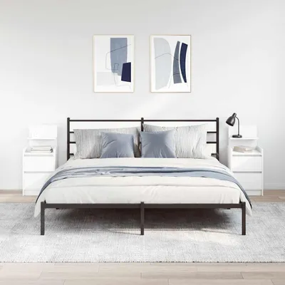 A bedroom scene with a bed, nightstands, and artwork.