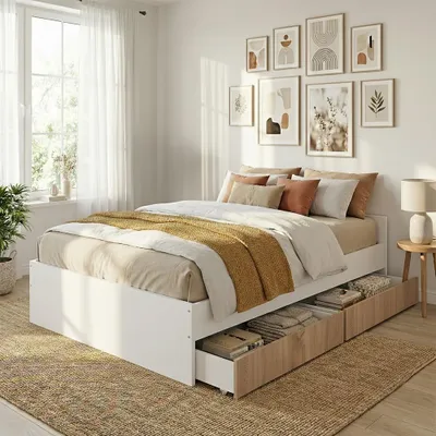 Produktbild von BETT KAPPA mit Kopfteil und Schubladen / Bett 140x190 - Weiß & Eiche Gebleicht Nachbildung