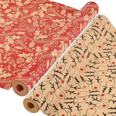 Weihnachts-Geschenkpapier, 2 Rollen, 43 cm x 15 m, Kraftpapier