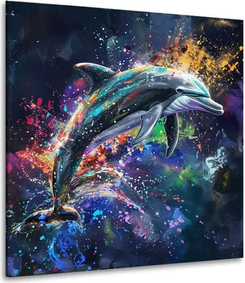 Produktbild von Leuchtender Delfin im Sprung Pop Art Leinwandbild Wandbild Kunstdruck Wanddeko: 100x100x4cm