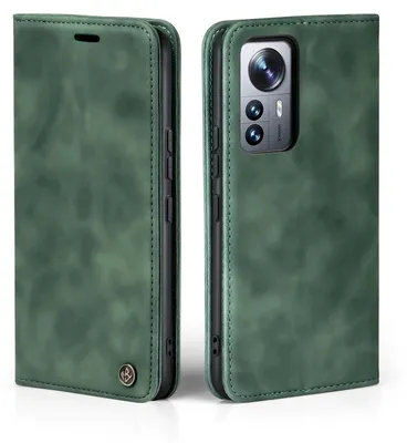 A green flip case for a smartphone is shown from two angles.