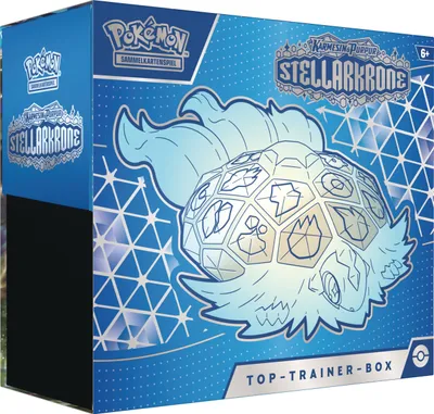 Produktbild von Pokémon-Sammelkartenspiel: Top-Trainer-Box Karmesin & Purpur – Stellarkrone (1 Vollbild-Promokarte, 9 Boosterpacks & Premium-Zubehör)