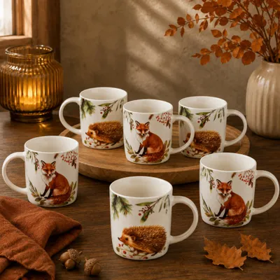 Produktbild von Herbst Tassen 6er Set Fuchs & Igel, 350 ml Kaffeetasse aus Porzellan