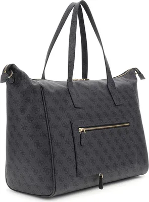 A studio shot of a dark gray shopper bag with a repeating logo pattern.
