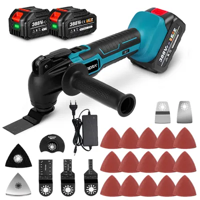 A collection of tools and accessories for an oscillating multi-tool, including batteries, charger, and various blades and sanding pads.