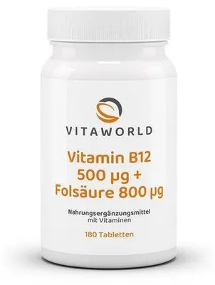 Produktbild von Vitamin B12 500 μg+Folsäure 800 μg Tabletten 180 St