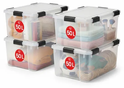 Produktbild von Iris Ohyama Luftdichte Kunststoff-Aufbewahrungsboxen mit Deckel, 50L, 4er-Set, T