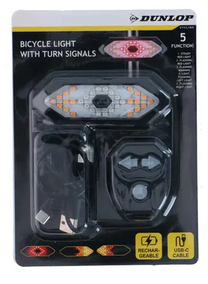 Image de Lampe de vélo rechargeable Dunlop - Feu arrière de vélo avec clignotant - Lampe de vélo avec USB-C, télécommande - 5 modes d'éclairage - Résistant aux intempéries