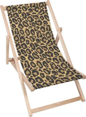 A leopard print deck chair on a white background.
