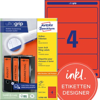 Produktbild von Avery Zweckform L4766-100 Ordner-Etiketten, A4 mit ultragrip, 61 x 192 mm, 100 Bogen/400 Etiketten, rot