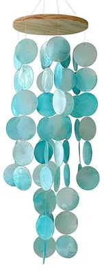 Image de Mobile à vent en coquillages Capiz, 45 cm, bleu, vert, blanc, bois, décoration bohème, à suspendre