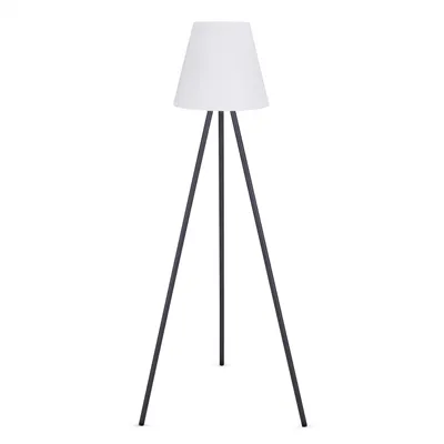 A floor lamp with a white shade and a black tripod base, isolated on a white background.