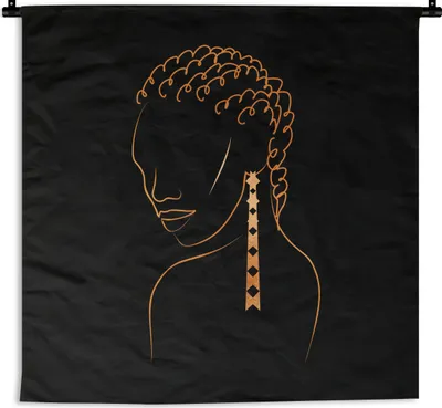 Produktbild von MuchoWow® Wandteppich Wandbehang Frau - Ohrringe - Linienkunst - Gold 150x150 cm Tapisserie Dekoration Wandtuch - Wohnaccessoires - Modernes