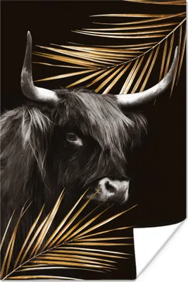 Produktbild von MuchoWow® Poster Schottisches Hochlandrind - Blätter - Schwarz 120x180 cm - Kunstposter