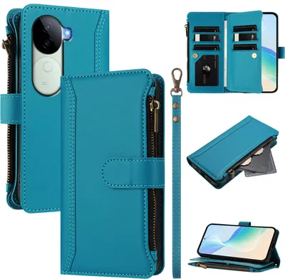 Produktbild von Handyhülle für Vivo V40E Reißverschluss Geldbörse Kunstleder Klapphülle mit Kartensteckplatz, Ständer, Handschlaufe Blau