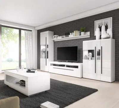 Produktbild von Wohnzimmer Anbauwand weiß Hochglanz TURDA-83 moderner Stil mit Absetzungen in schwarz inkl. LED Beleuchtung und Couchtisch, B/H/T: ca. 320/204/50 cm